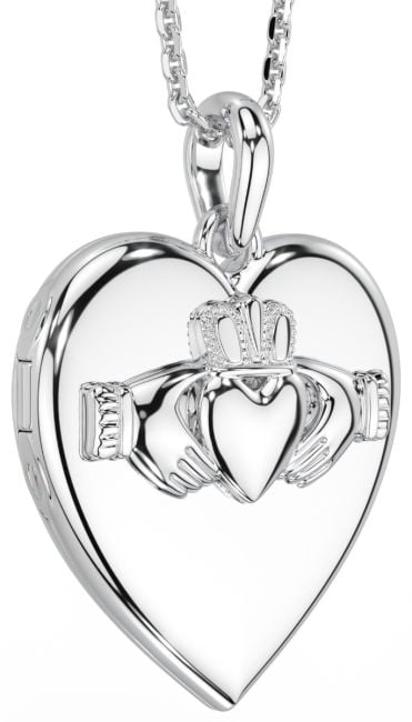 Silver Irish Claddagh Locket Pendant Necklace