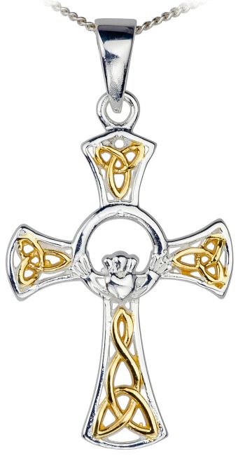 14K Two Tone White & Yellow Gold Silver Claddagh Celtic Cross Pendant  Necklace