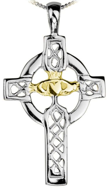 14K White Gold Silver Celtic Cross Pendant 