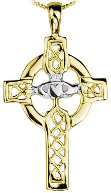 14K Yellow & White Gold Silver Claddagh Celtic Cross Pendant Necklace
