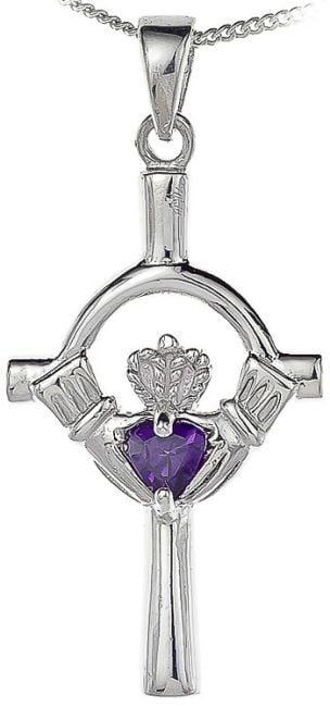 Amethyst Silver Claddagh Cross Pendant Necklace