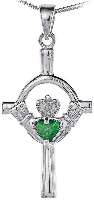 Emerald Silver Claddagh Cross Pendant Necklace