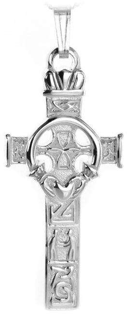 3D Silver Heavy & Thick Irish Celtic Cross Claddagh Pendant Necklace