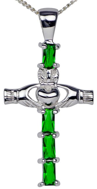 Emerald 14K White Gold Silver Claddagh Cross Pendant Necklace