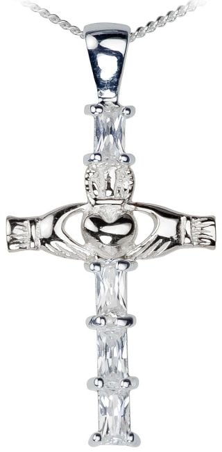 Emerald 14K White Gold Silver Claddagh Cross Pendant Necklace