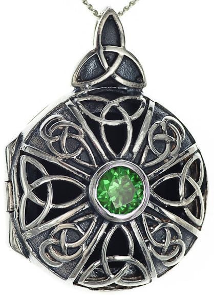 Emerald Silver Celtic Knot Locket Pendant Necklace