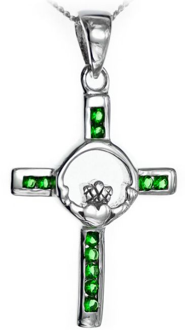Emerald Silver Claddagh Celtic Cross Pendant Necklace