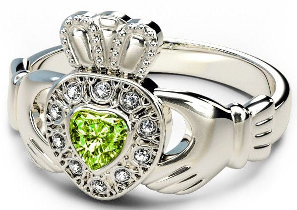 10K/14K/18K White Gold Genuine Diamond .13cts Peridot .25cts Claddagh Engagement Ring - August Birthstone 