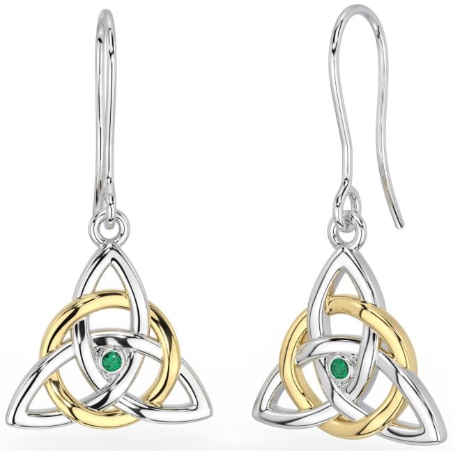 14K White & Yellow Gold coated Solid Silver Irish Genuine Emerald Celtic Knot Dangle Earrings