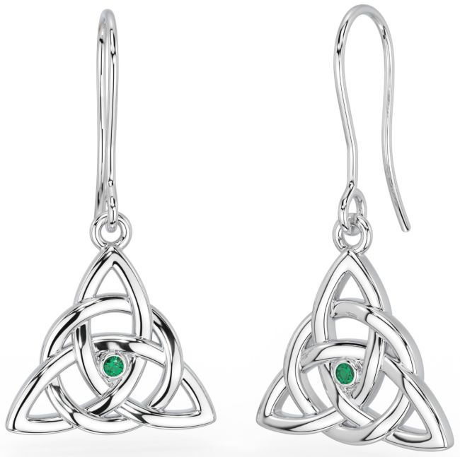 14K White Gold Solid Silver Irish Genuine Emerald Celtic Knot Dangle Earrings