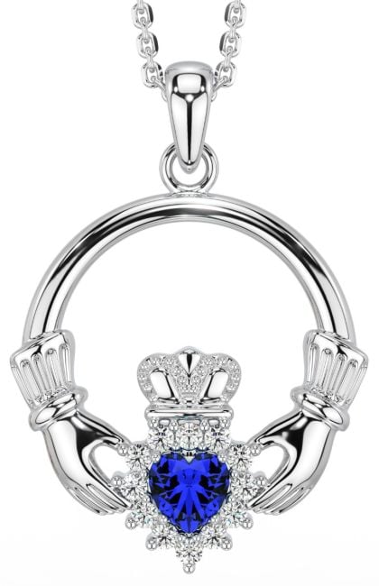 Sapphire Diamond Silver Claddagh Pendant Necklace - September Birthstone