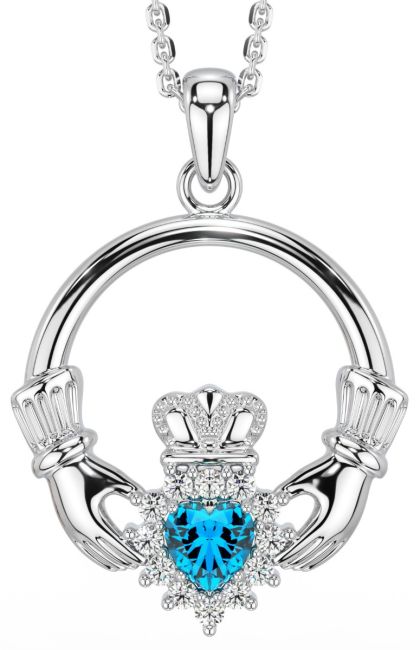 Topaz Diamond Silver Claddagh Pendant Necklace - December Birthstone 