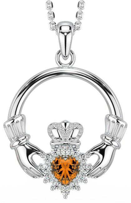 Citrine Diamond Silver Claddagh Pendant Necklace - November Birthstone