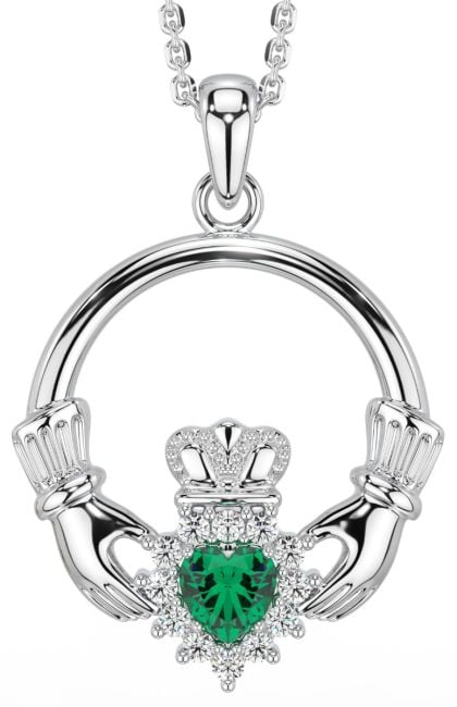 Emerald Silver Claddagh Pendant Necklace -May Birthstone