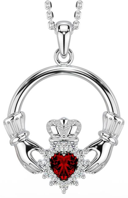Garnet Diamond Silver Claddagh Pendant Necklace  - January Birthstone