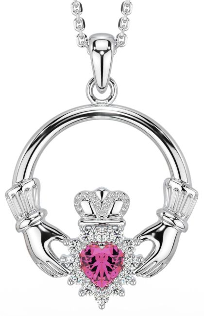 Pink Tourmaline Diamond Silver Claddagh Pendant Necklace - October Birthstone