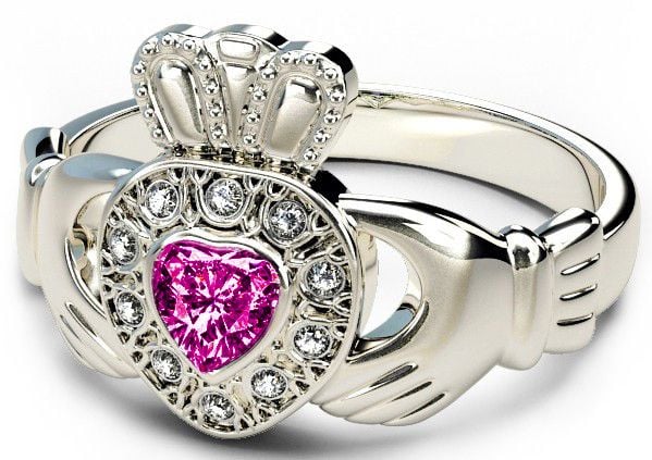 10K/14K/18K White Gold Genuine Diamond .13cts Genuine Pink Sapphire .25cts Claddagh Engagement Ring - September Birthstone