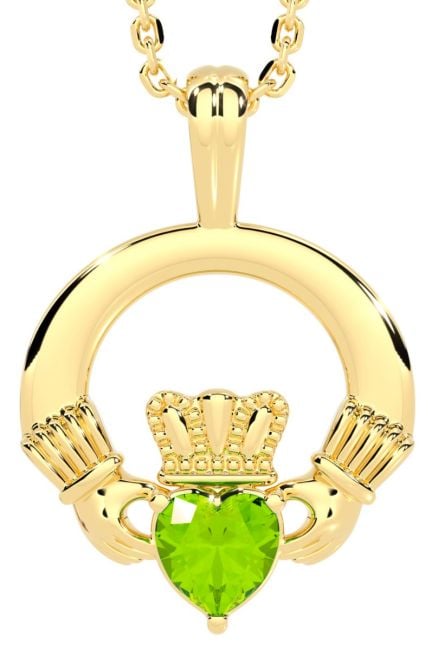 Gold Peridot Irish Claddagh Pendant Necklace - August Birthstone