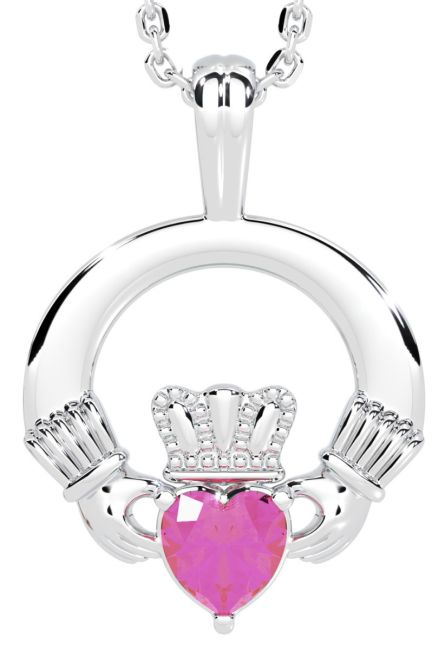 White Gold Tourmaline Irish Claddagh Pendant Necklace - October Birthstone