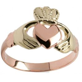 Ladies 10K/14K/18K two tone Rose Gold & Yellow Gold Hands and Crown Claddagh Ring