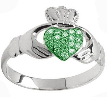 10K/14K/18K White Gold Genuine Emerald .07cts Claddagh Ring