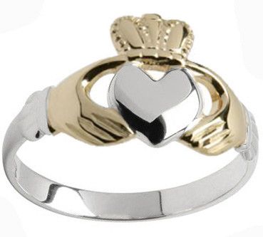 White with yellow gold hands and crown Claddagh ring