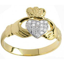 10K/14K/18K Yellow Gold Genuine Diamond .07cts Claddagh Ring
