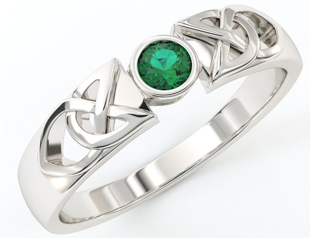 Ladies 10K/14K/18K White Gold Emerald Celtic Ring 