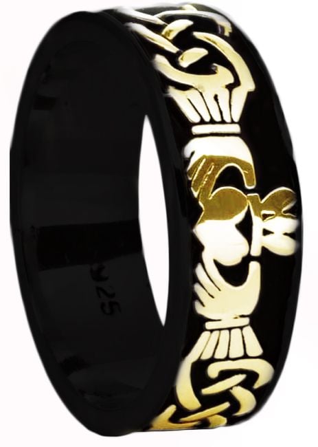 Mens Black Rhodium Gold Celtic Claddagh Band Ring 