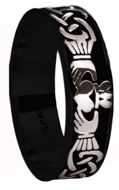 Ladies Black Rhodium White Gold Celtic Claddagh Band Ring 