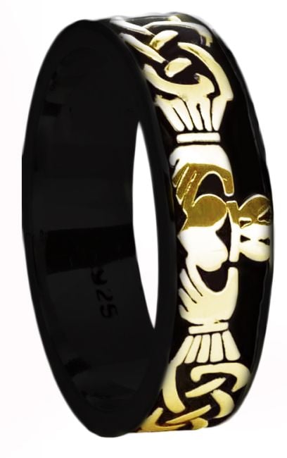 Ladies Black Rhodium Gold Celtic Claddagh Band Ring 