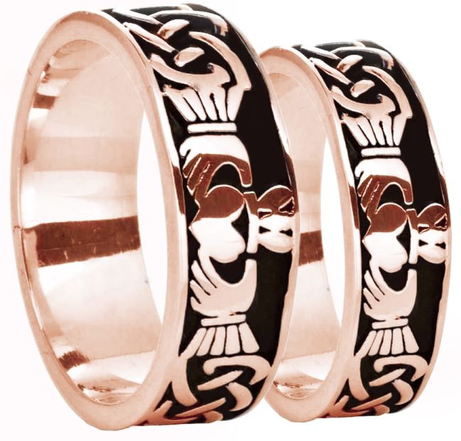 14K Rose Gold Silver Celtic Claddagh Band Ring Set