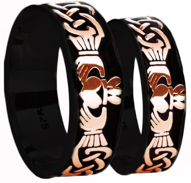 Black Rhodium Rose Gold Celtic Claddagh Band Ring Set