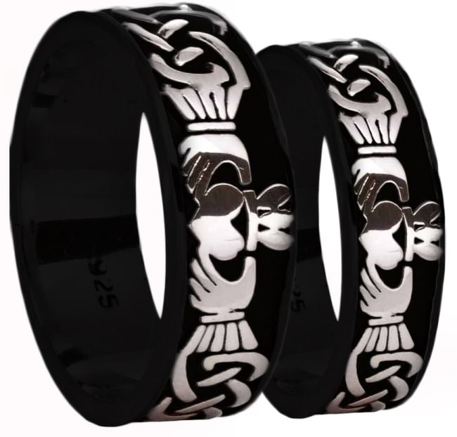 Black Rhodium White Gold Celtic Claddagh Band Ring Set