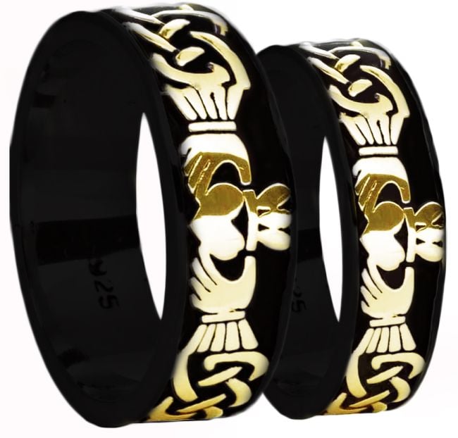 Black Rhodium Gold Celtic Claddagh Band Ring Set