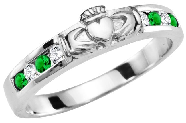 Ladies Emerald Diamond Silver Claddagh Ring 