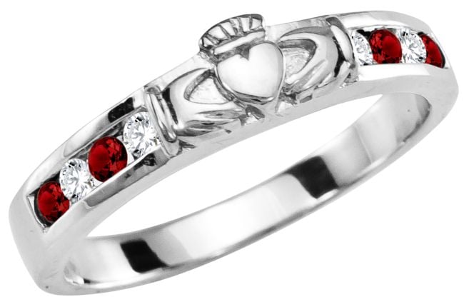 Ladies Ruby Diamond Silver Claddagh Ring 