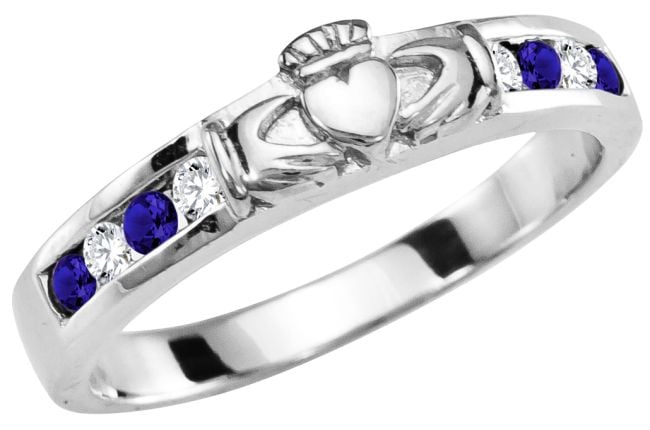 Ladies Sapphire Diamond Silver Claddagh Ring 