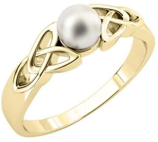 Ladies 14K Yellow Gold coated Silver Pearl Celtic Trinity Knot Ring