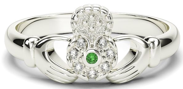 10K/14K/18K White Gold Genuine Diamonds .035cts Genuine Emerald Claddagh Ring 