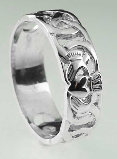 Mens 10K/14K/18K White Gold Celtic Claddagh Wedding Ring 
