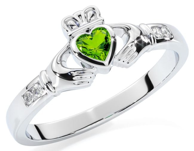 Ladies Peridot Silver Claddagh Ring - August Birthstone