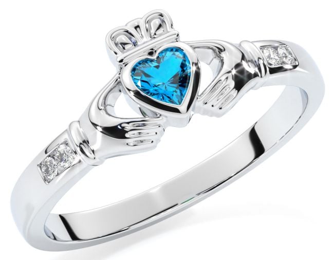 Ladies Topaz Silver Claddagh Ring - December Birthstone