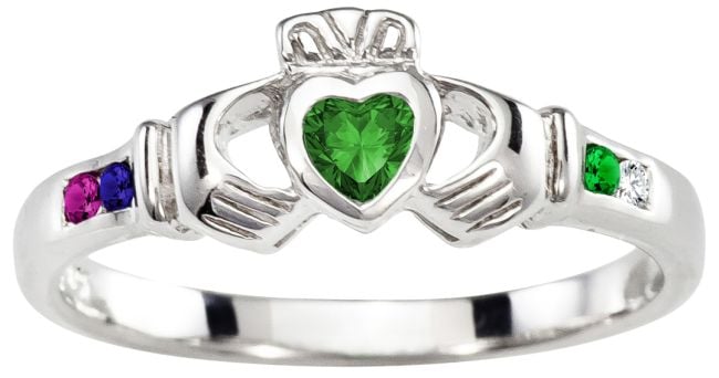 Mother's Birthstone Silver Claddagh Ring