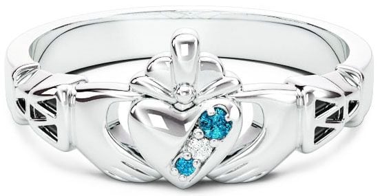 Ladies Diamond Topaz Silver Claddagh Celtic Knot Ring - December Birthstone