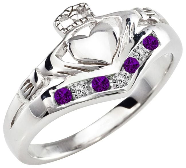 Diamond Amethyst Silver Claddagh Ring