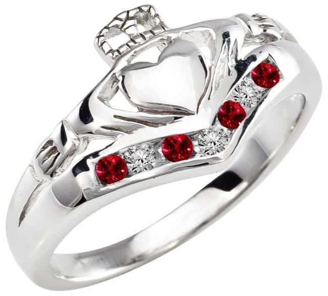 Ladies Ruby Diamond Silver Claddagh Ring 