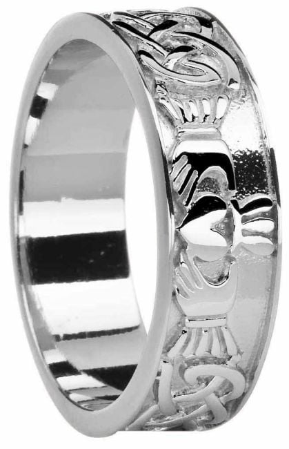 14K White Gold Silver Celtic Claddagh Ring Unisex Ladies Mens