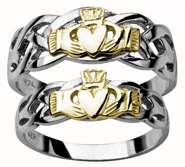 14K White Gold Silver Claddagh Celtic Ring Set
