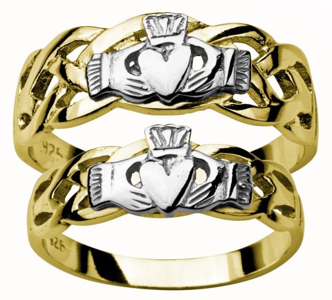 Gold Yellow and White Claddagh Celtic Wedding Ring Set